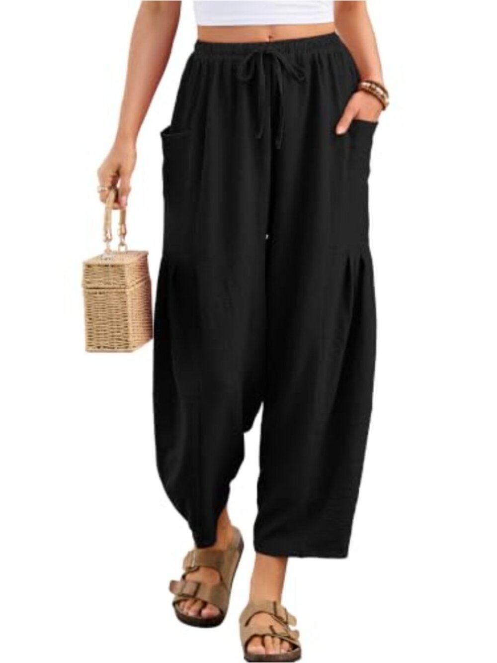 Wide Leg Drawstring Palazzo Harem Pants with Pockets